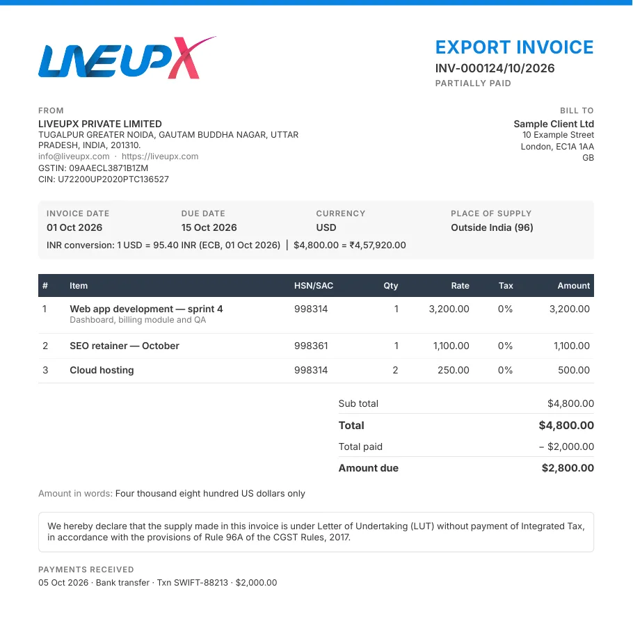 A branded export invoice PDF generated by Liveupx Workspace, with a currency conversion line and an LUT declaration